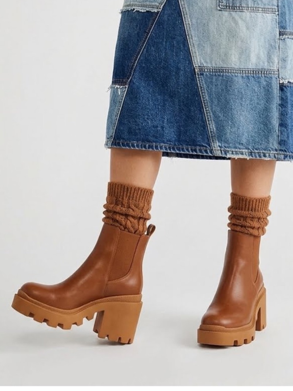 New Steve Madden Free People Roxie Brown Leather Chunky Platform Chelsea Boots 8